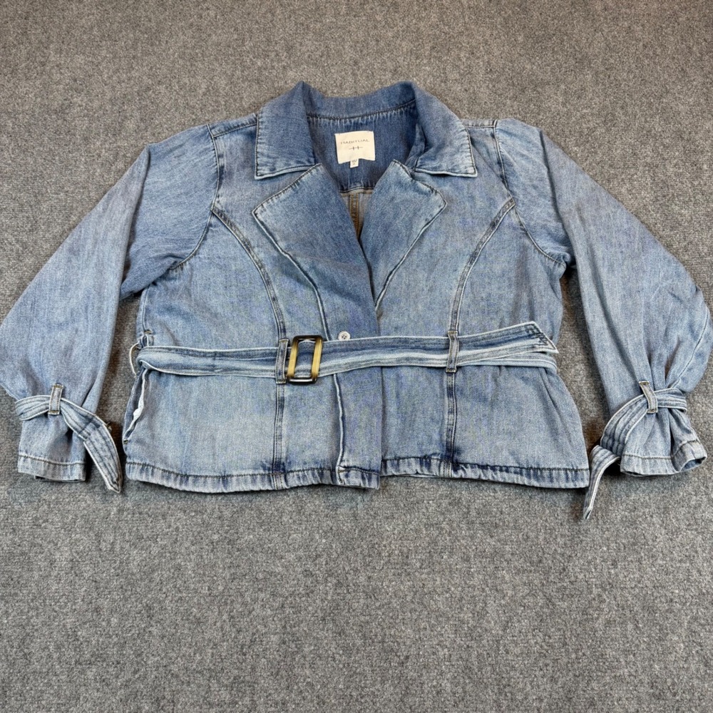 Blue Denim Belted Moto Streetwear Y2K Jacket Women XL Buckle Cuff Light Wash